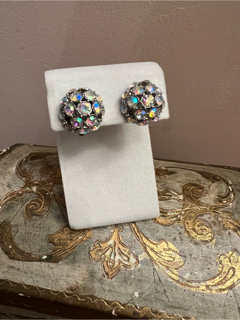 Vintage Aurora Borealis Crystal Cluster Clip-On Earrings Circa 1950s